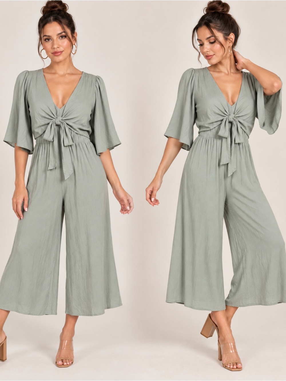 Culotte v neckline jumpsuit in sage